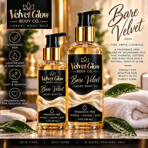 Velvet Glow Body Co. Bare Velvet fragrance-free luxury body oil in 2 oz and 4 oz bottles