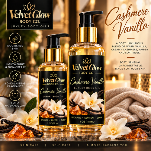 Velvet Glow Body Co. Cashmere Vanilla luxury body oil in 2 oz and 4 oz bottles