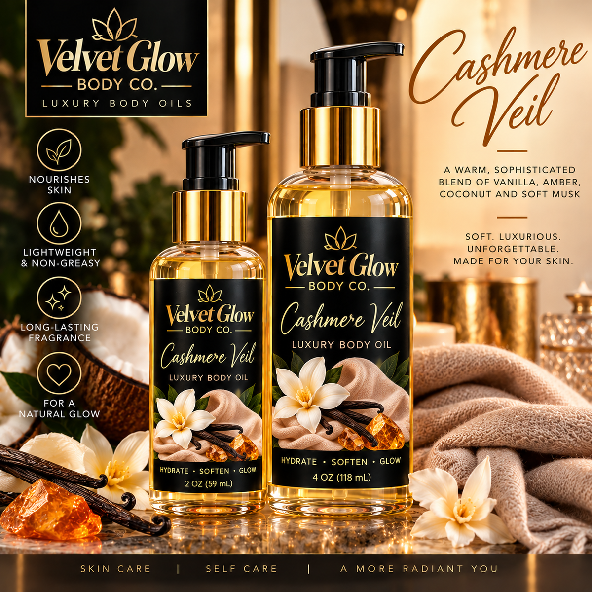 Velvet Glow Body Co. Cashmere Veil luxury body oil in 2 oz and 4 oz bottles