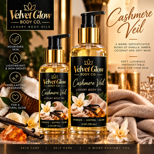 Velvet Glow Body Co. Cashmere Veil luxury body oil in 2 oz and 4 oz bottles