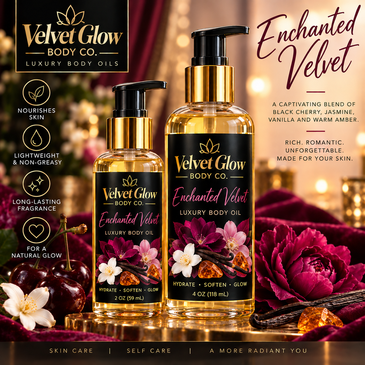 Velvet Glow Body Co. Enchanted Velvet luxury body oil in 2 oz and 4 oz bottles