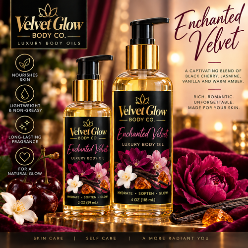 Velvet Glow Body Co. Enchanted Velvet luxury body oil in 2 oz and 4 oz bottles