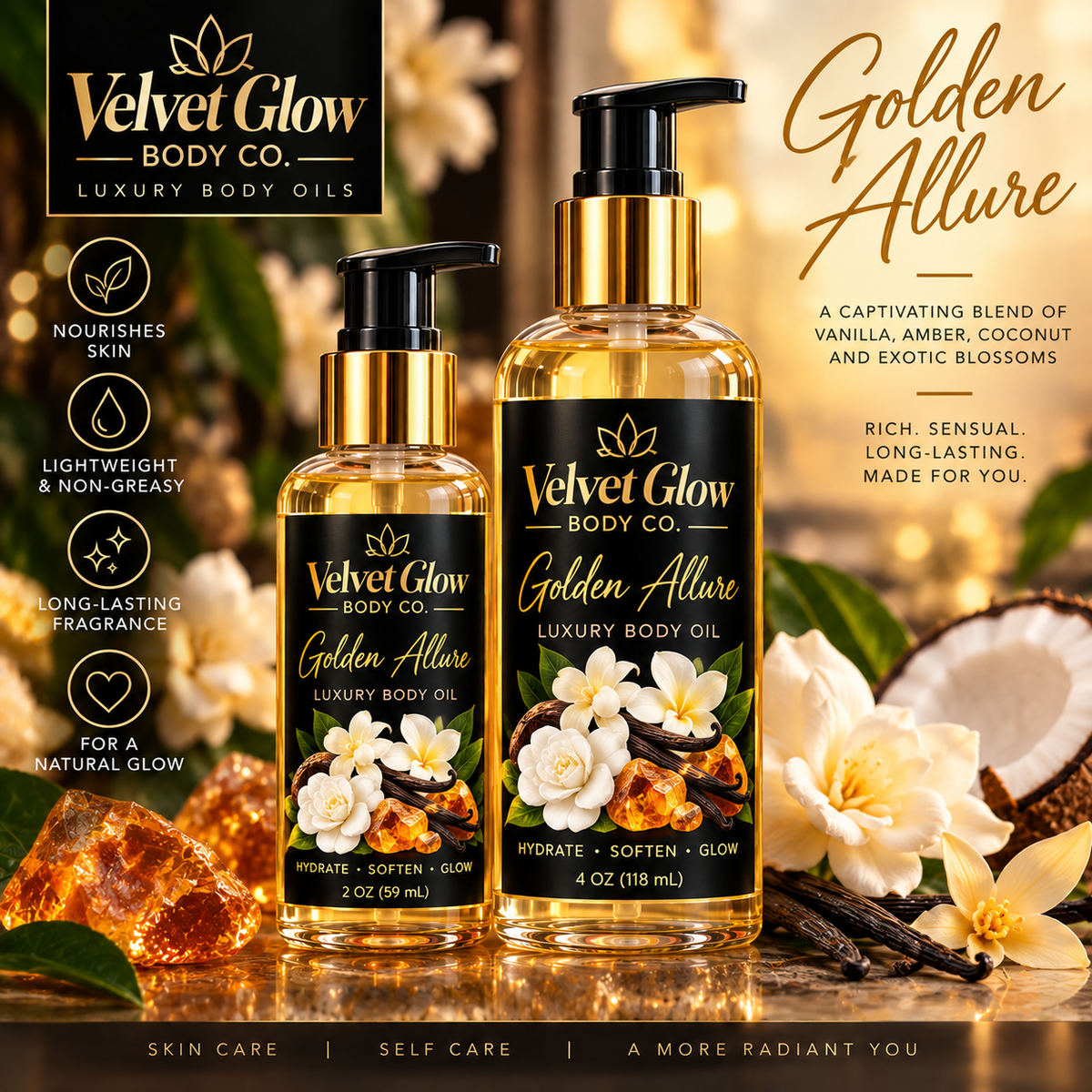 Velvet Glow Body Co. Golden Allure luxury body oil in 2 oz and 4 oz bottles