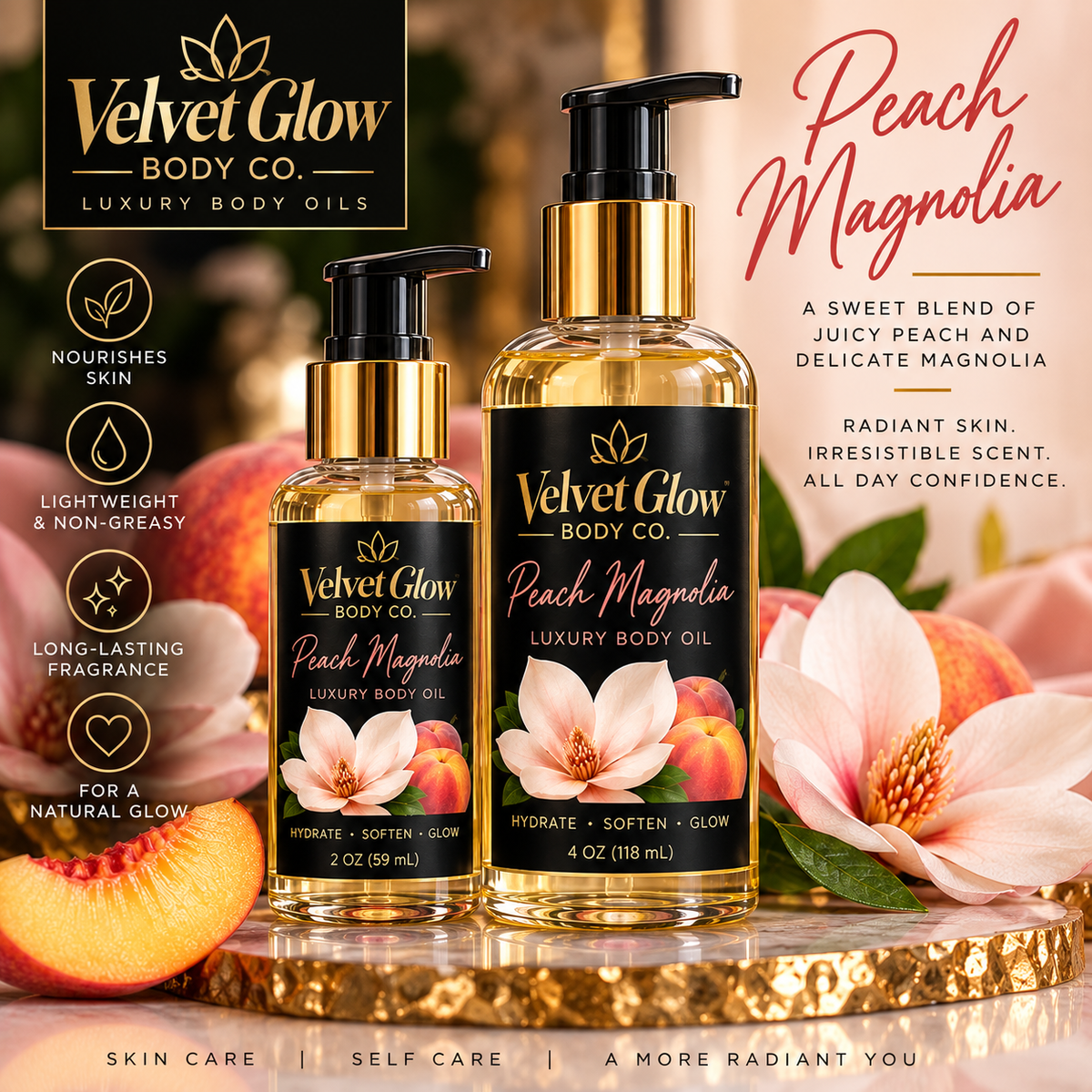 Velvet Glow Body Co. Peach Magnolia luxury body oil in 2 oz and 4 oz bottles
