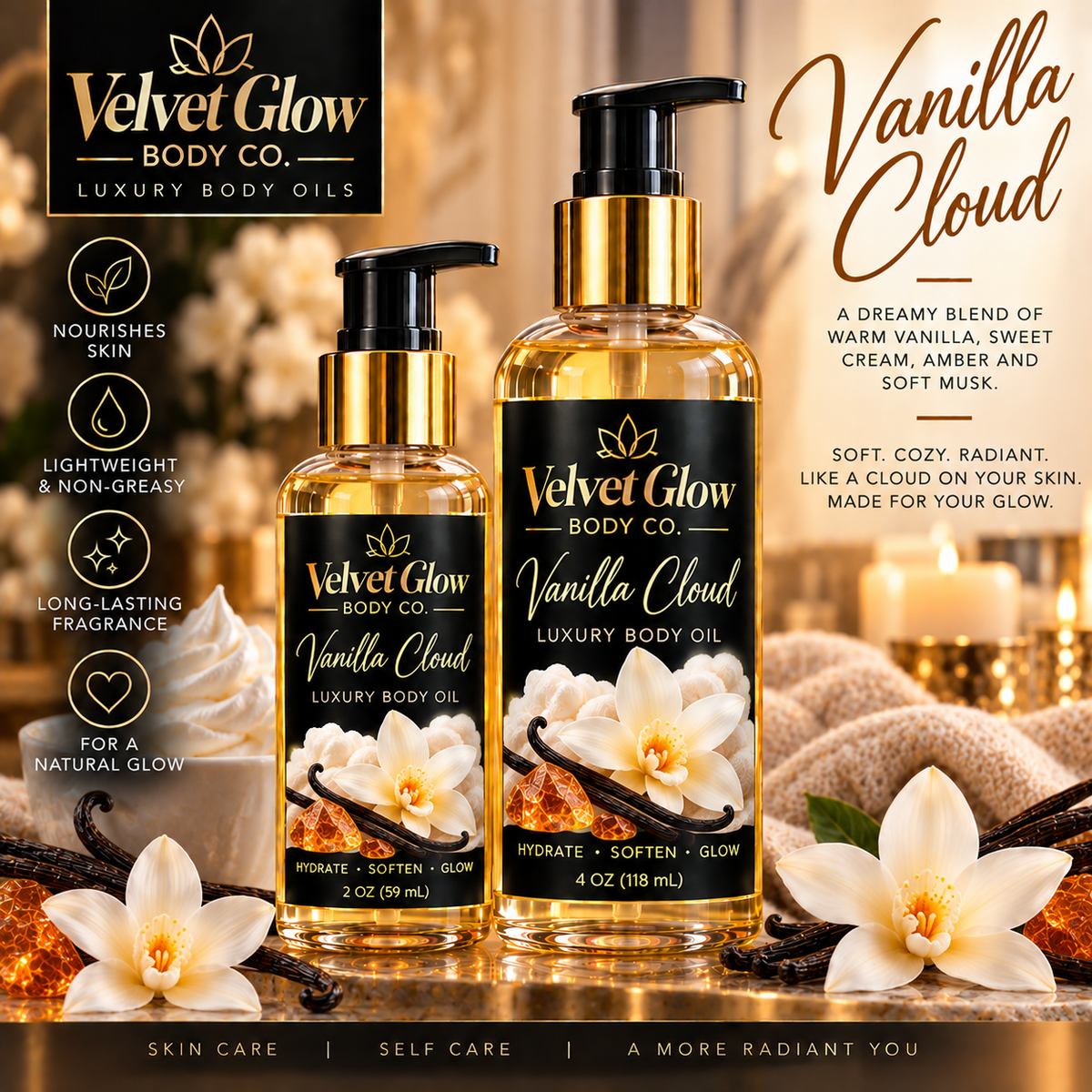 Velvet Glow Body Co. Vanilla Cloud luxury body oil in 2 oz and 4 oz bottles