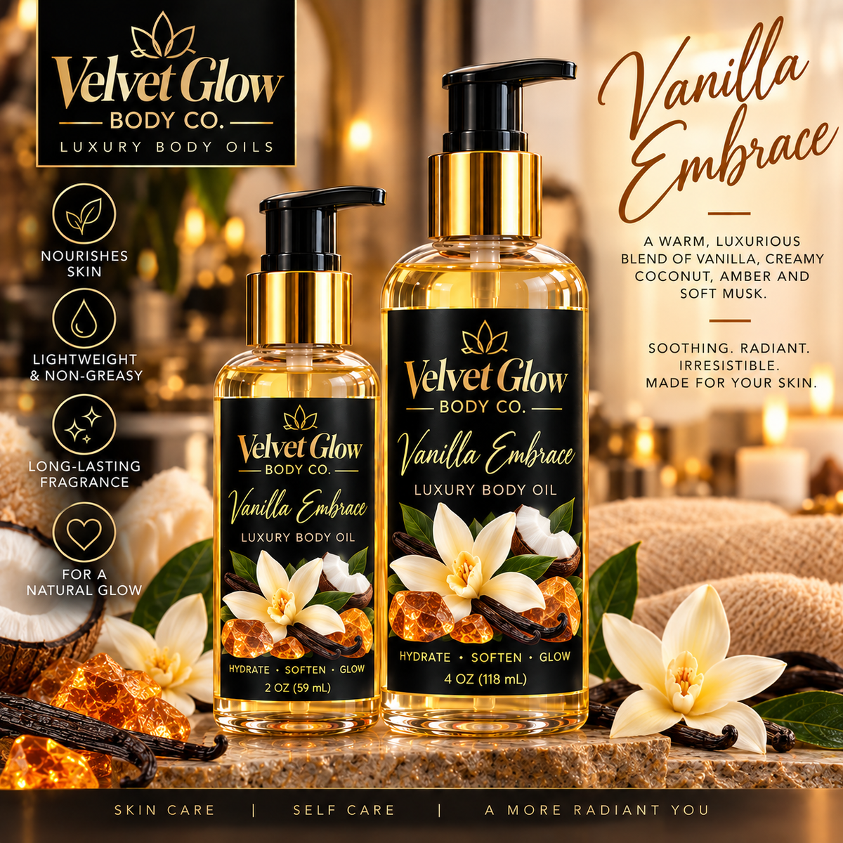 Velvet Glow Body Co. Vanilla Embrace luxury body oil in 2 oz and 4 oz bottles