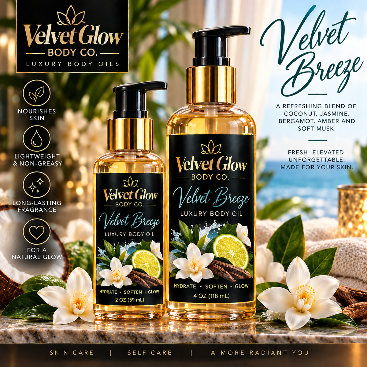 Velvet Glow Body Co. Velvet Breeze luxury body oil in 2 oz and 4 oz bottles
