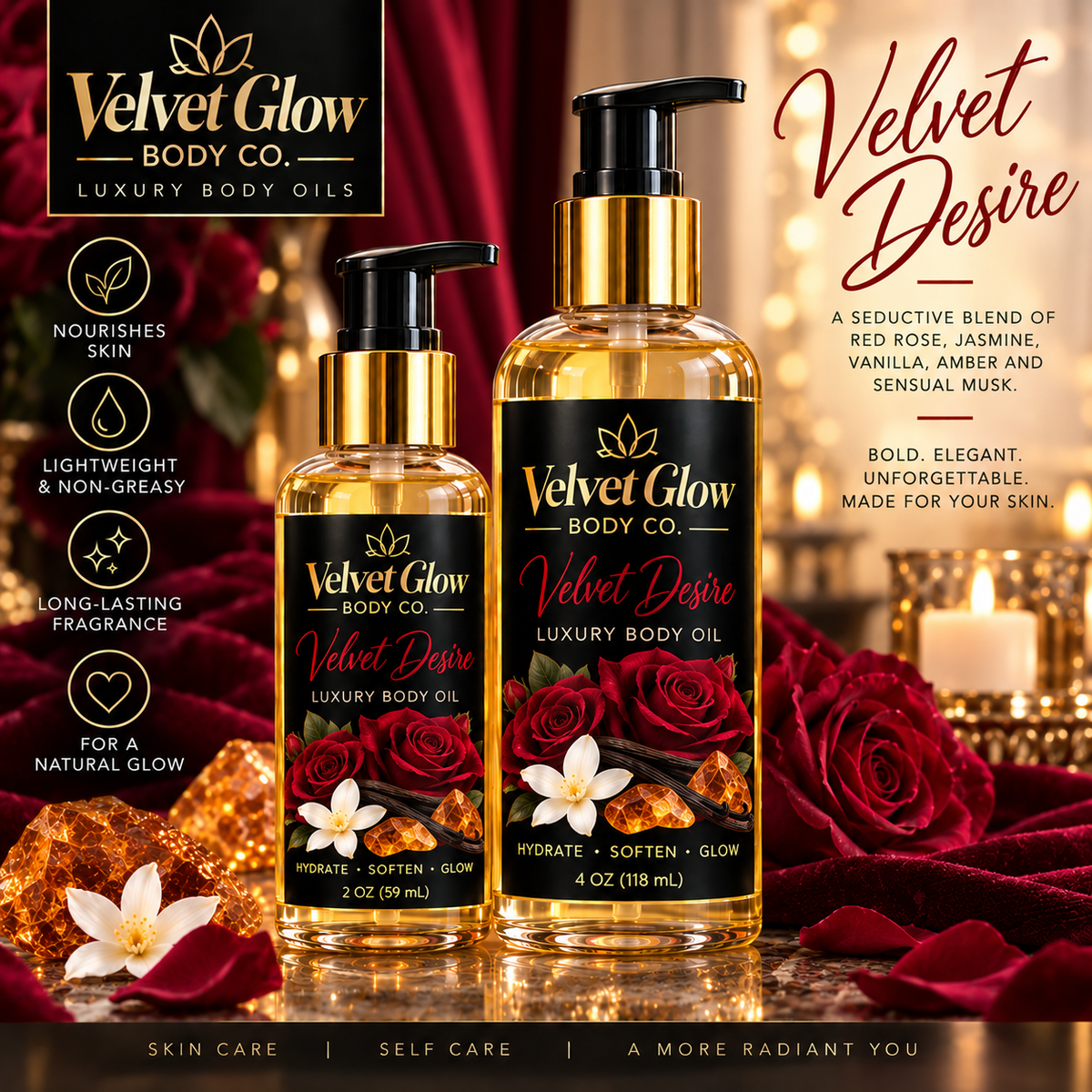 Velvet Glow Body Co. Velvet Desire luxury body oil in 2 oz and 4 oz bottles